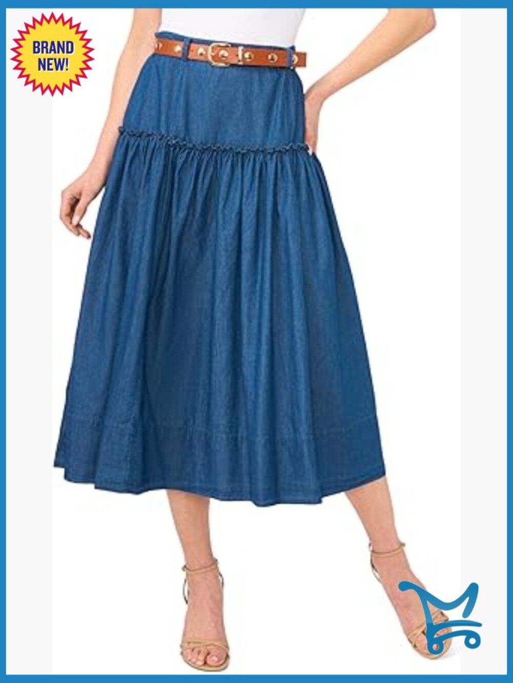 Women's Belted Denim Midi Circle Skirt High Rise